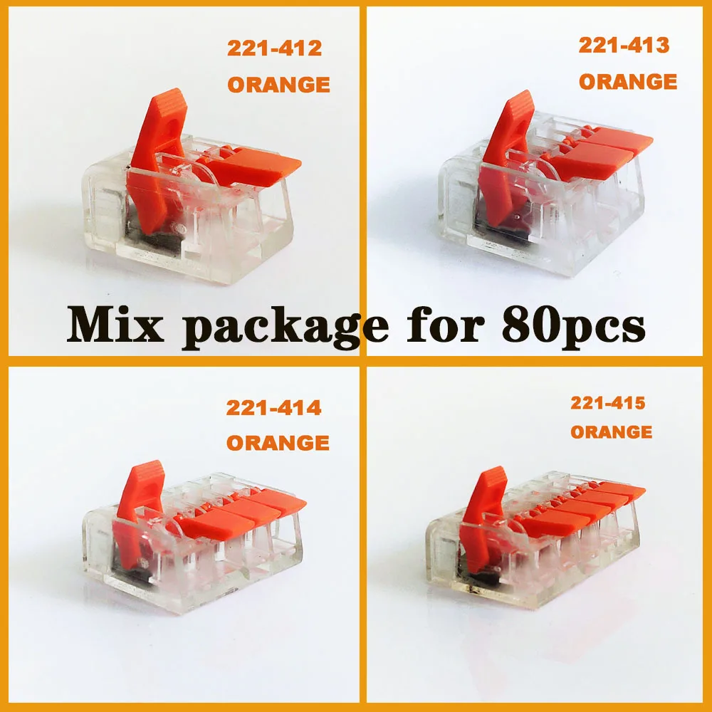 

Mix package LW221 WAGO type fast wire Connectors 80pcs orange color Universal Compact Wiring Connector cable accessories