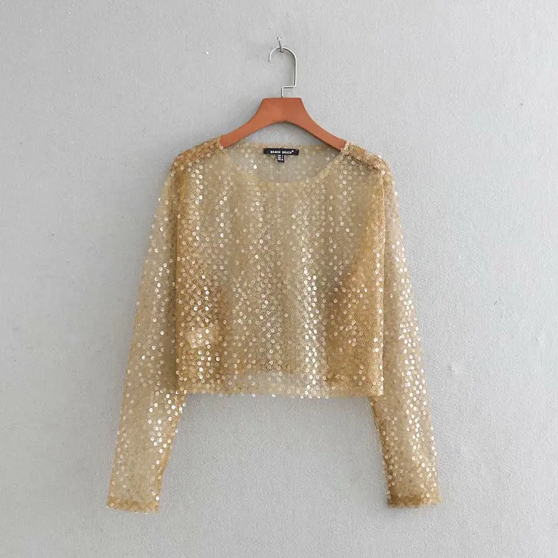 

2019 women fashion sexy perspective sequined casual smock blouse shirt women long sleeve knitted chic blusas chemise tops LS3247