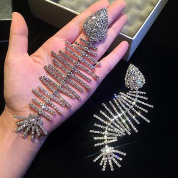 

New Hyperbole Fish Bone Earrings S925 Silver Ear Needle Fish Shape Design Full Cubic Zirconia Drop Earrings For Women