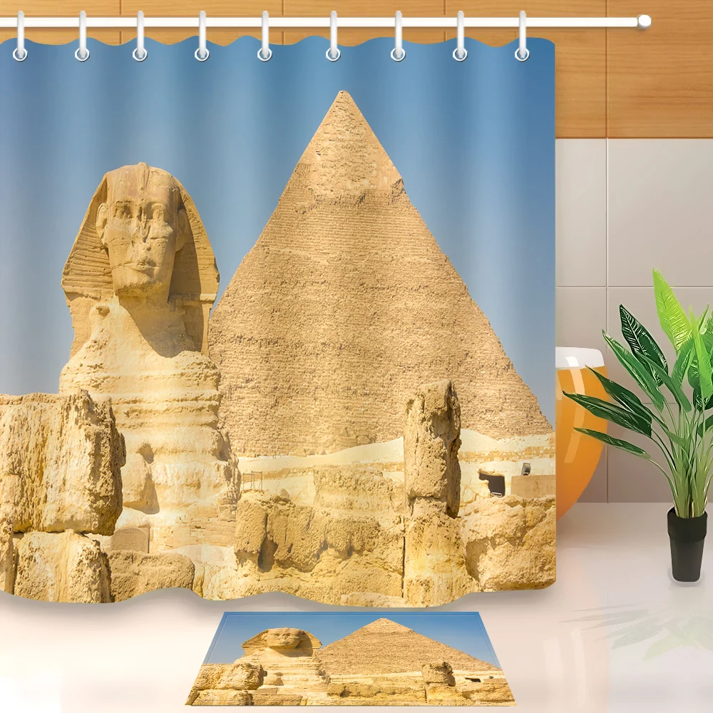LB Long Pyramid Khufu Ancient Egyptian Exotic Blue Shower Curtain Liner And Bath Mat Set