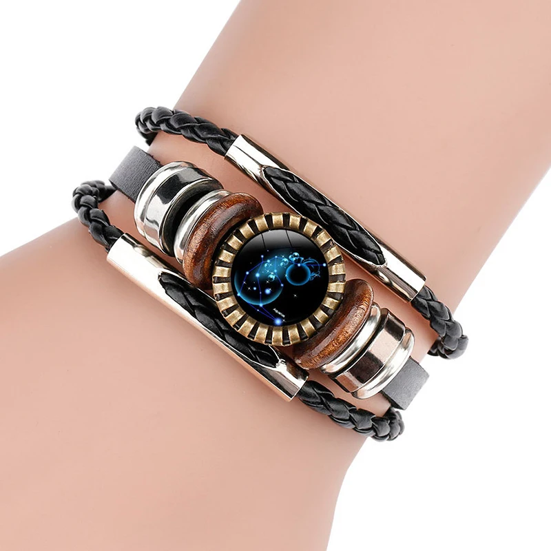 

Vintage Bronze 12 Zodiac Signs Wooden Glass Punk Bracelet Casual Personality Bracelet Male Female Charm Jewelry