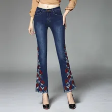 Осень Лето дизайнерские женские вышитые цветочные стрейч расклешенные джинсы брюки, весенние женские джинсовые брюки с вышивкой