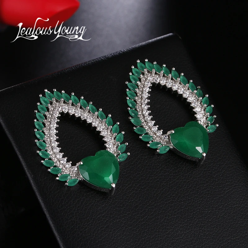 

2018 Luxury Green Water Drop Cubic Zirconia Stud Earrings For Women With Big Heart CZ Ear Studs Love Earings Fashion Jewelry