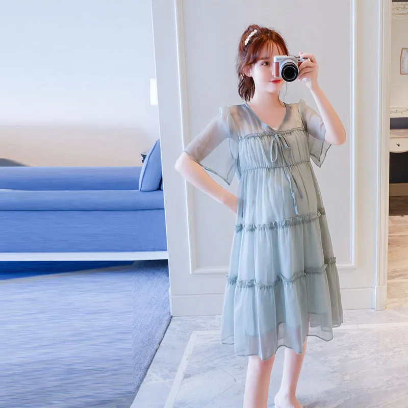 

Summer Chiffon Maternity Dress For Pregnant Women Clothing Fashion Skirt Pregnancy Clothes with flouncing pleated skir