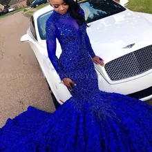 Роскошный 3D цветок Русалка Королевский синий африканский Выпускной платье с длинным рукавом Часовня поезд бисером кристалл размера плюс платье на выпускной вечер