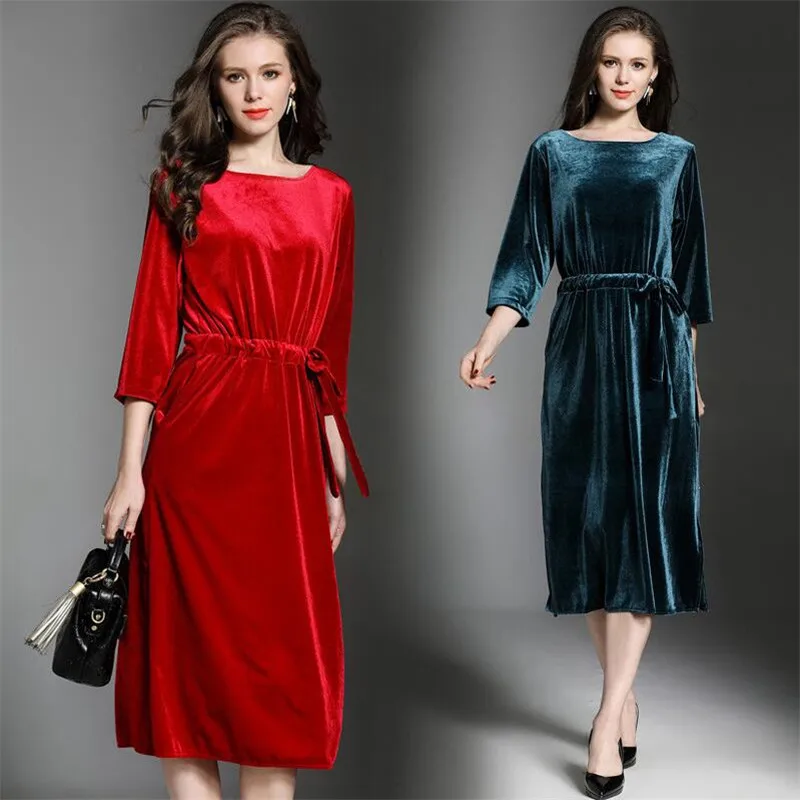 

Fashion 2019 autumn Three Quarter sleeves round neck gold velvet dress woman Plus size M-7xl soft solid color velours vestid