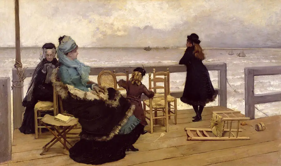 Excellent Oil painting portraits young woman with her daughters girls by ocean