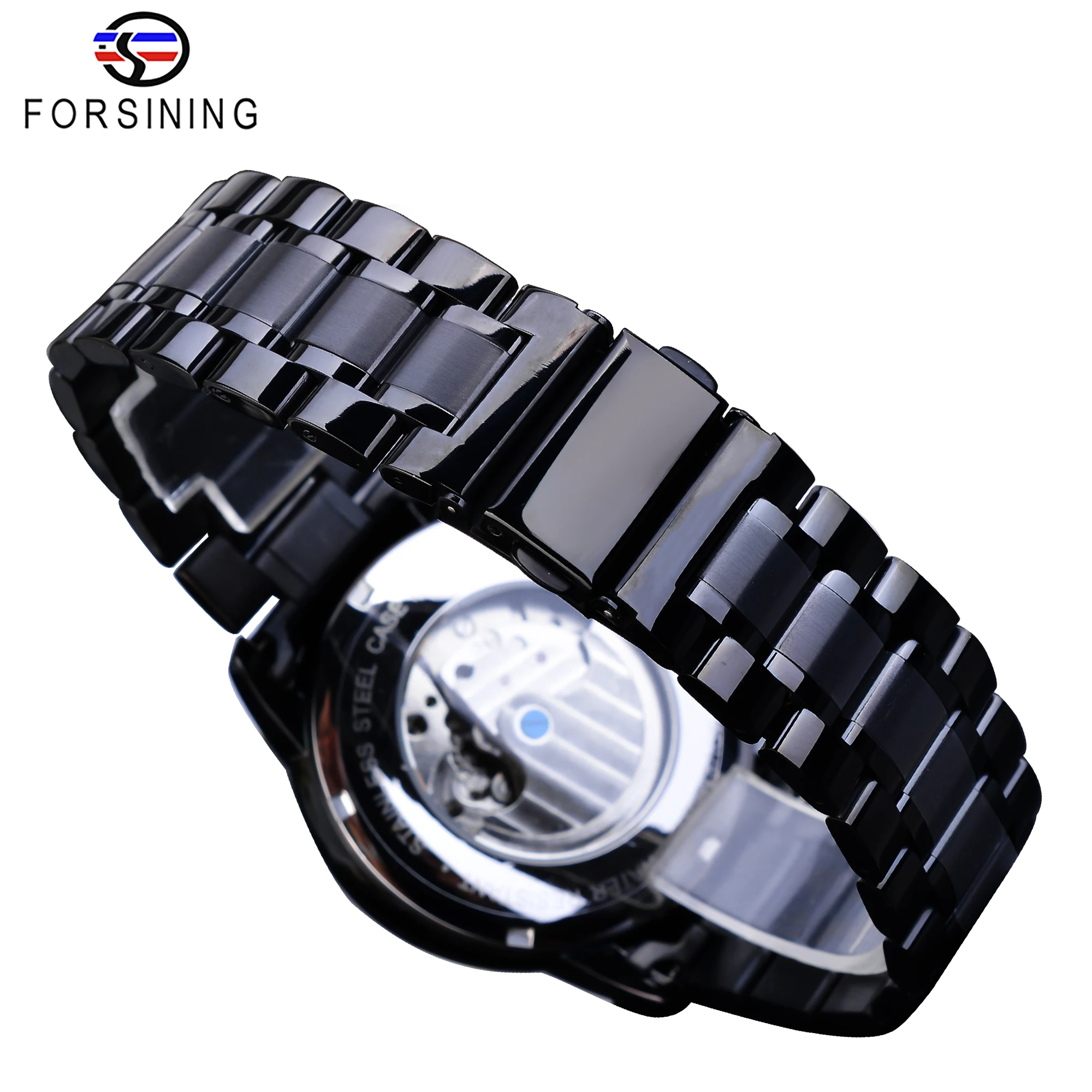 Forsining Automatic Watch Mens Blue Moon Phase Tourbillon Mechanical Watches Black Steel Band Relogio Masculino Waterproof Clock