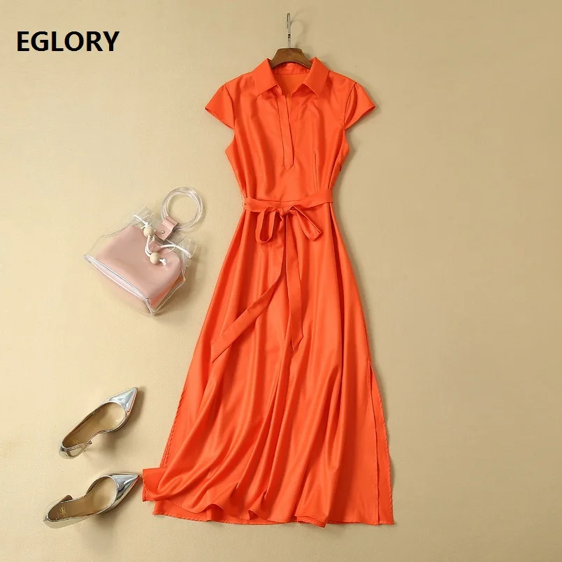 

High Quality New Fashion Work Dress 2019 Autumn Style Women Turn-down Collar Belt Patchwork Short Sleeve Mid-Calf Orange Dress