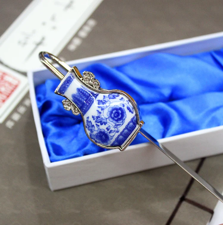 Китайский стиль уникальный маленький подарок голубая и белая фарфоровая ваза металлическая закладка