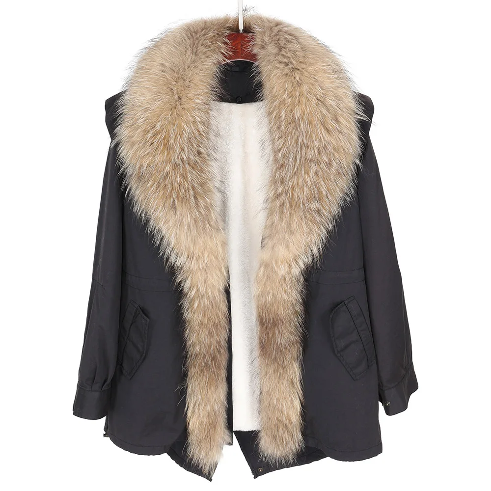 

Maomaokong2018 new natural raccoon big fur collar Women's fur coat Park warm jacket