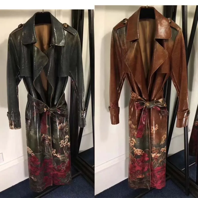 

women fashion printing trench coat high grade snakeskin pattern sobretudo beautiful women's wimdbreakers leather long coat