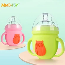 MMBABY Baby Bottles High Borosilicate Glass Cute Cartoon Feeding Bottle for Milk Water with Silicone Handle