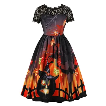 

Nice Nice Sweet Elegant Lovely Halloween Women Dresses Expansion Zipper Plant Lace Print Girls Cute Female Orange Dress
