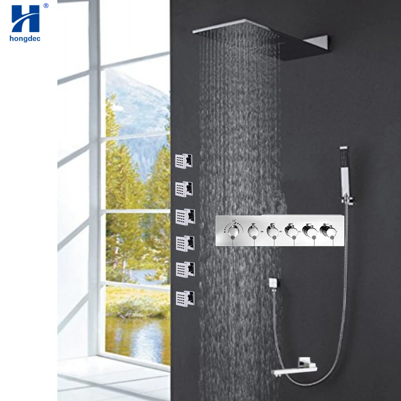 Hongdec Ванная комната роскошные скрытый Термостатический смеситель для душа душ-водопад, дождь системы смеситель набор с тела струй