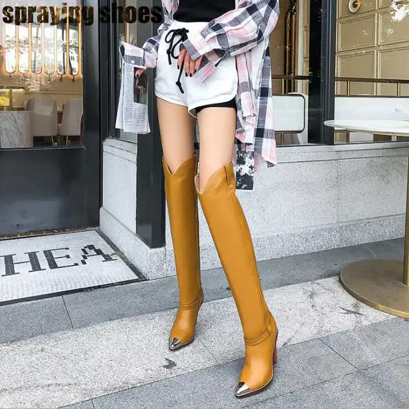 Пикантные сапоги для верховой езды выше колена из натуральной кожи с металлическим покрытием и острым носком на высоком каблуке-шпильке; женская зимняя обувь размера плюс - Цвет: Цвет: желтый