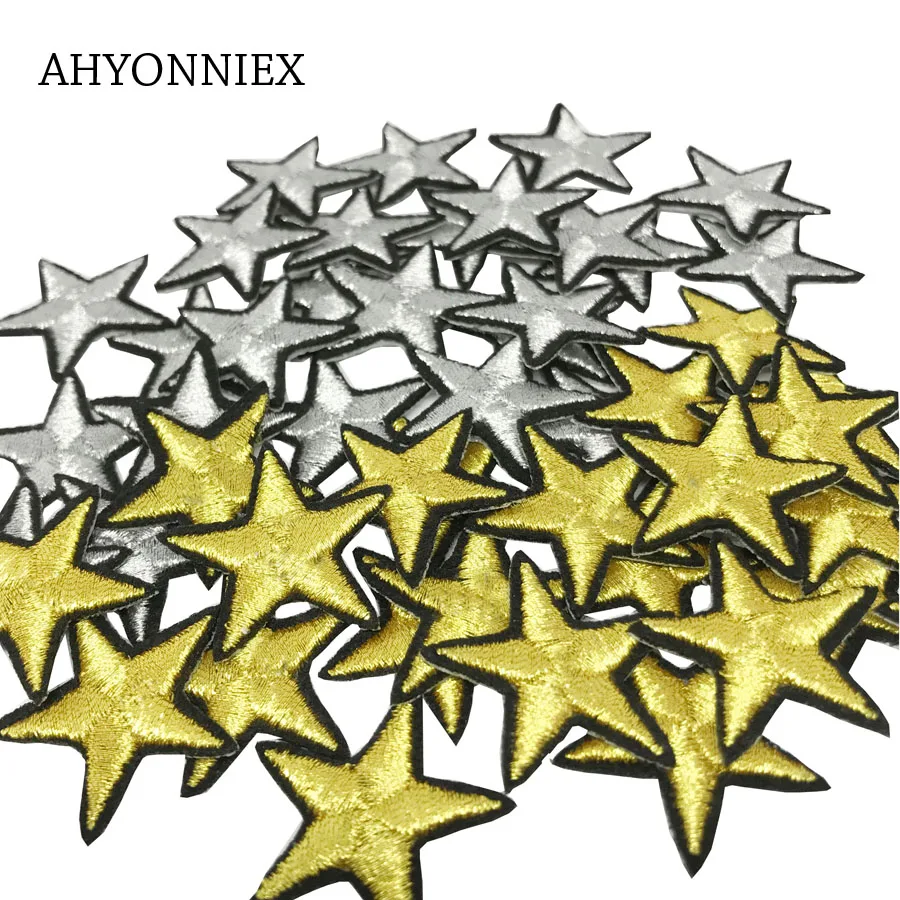 

10 PCS Golden Silver Star Patches Iron on Badges Stripes Metal Wires Patch Clothes Appliques Sewing Embroidery Cute Stickers