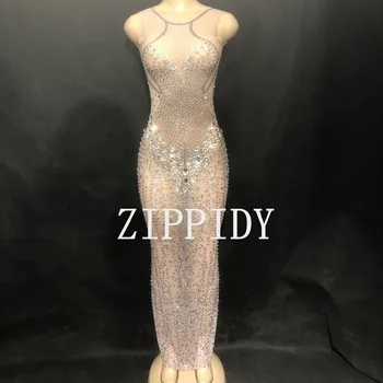 

See Through Mesh Full Rhinestone Dress Birthday Celebrate Dress Prom Party Big Stones Female Singer Outfit Sexy Tassel Clothes