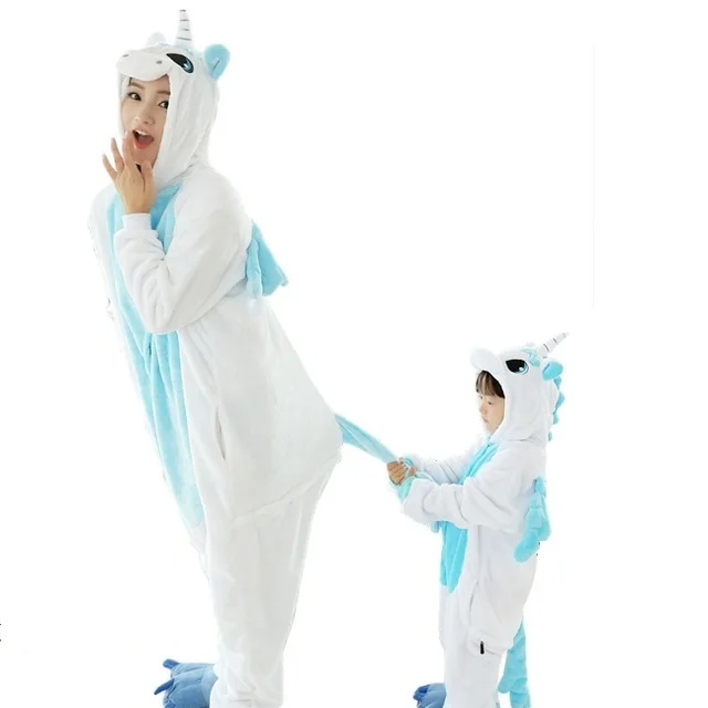 Семейные рождественские пижамы, пижамы с рисунками животных, зимняя теплая одежда для сна с героями мультфильмов, Кигуруми для мамы и детей, женщин, мужчин, девочек и мальчиков - Цвет: Blue unicorn