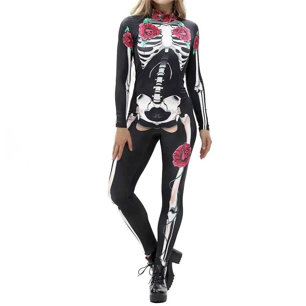 Женский винтажный скелет Роза пугающий костюм с принтом черный обтягивающий комбинезон боди костюм для костюмированой Вечеринки На Хэллоуин эластичный наряд Femme COS - Цвет: Style 1