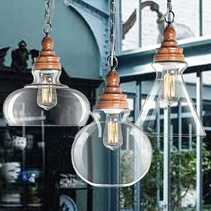 Wood Grain Clear Glass Lampshade Pendant Light Vintage Glass Pendant Lamps Edision Pendant Lights E27 110V 220V For Home Decor