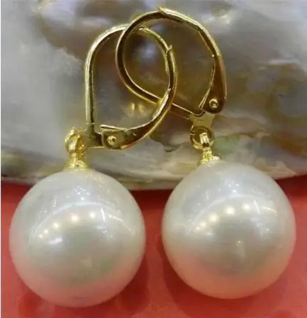 

FREE SHIPPING HOT sell new Style >>>> Beautiful 14mm White Shell Pearl Round Beads Dangle Earrings AAA Grade
