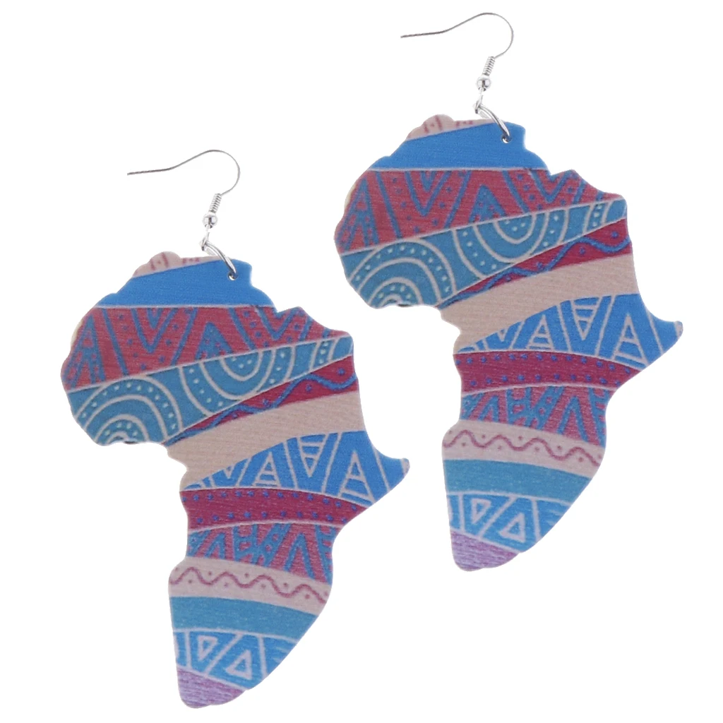 2 Pairs Vintage Wooden Ethnic Tribe African Map Lady Figure Dangle Drop Earring Fish Hook Belly Dancing Charms