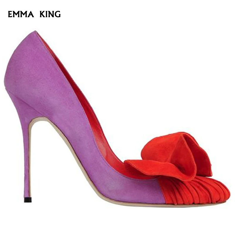 

2019 New Mixed Colors Pointed-toe Suede Pumps Women Stiletto Ruffles Heels Spring Fashion Party Dress Wedding Shoes Woman
