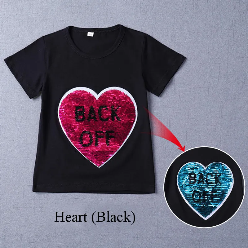 Heart (Black) От 3 до 12 лет футболка с блестками для девочек топы для мальчиков, футболка для маленьких мальчиков и девочек г. Летние детские футболки, футболка на день рождения Детские футболки, одежда - Цвет: Heart (Black)