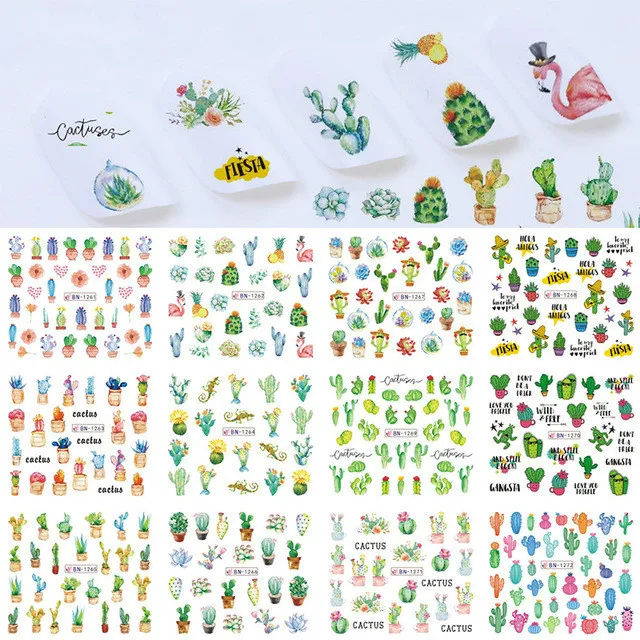 

12pcs summer DIY Nail Art Stickers Decals Mixed Designs Adhesive cartoon cactus Nail Tips Decorations Salon Accessory