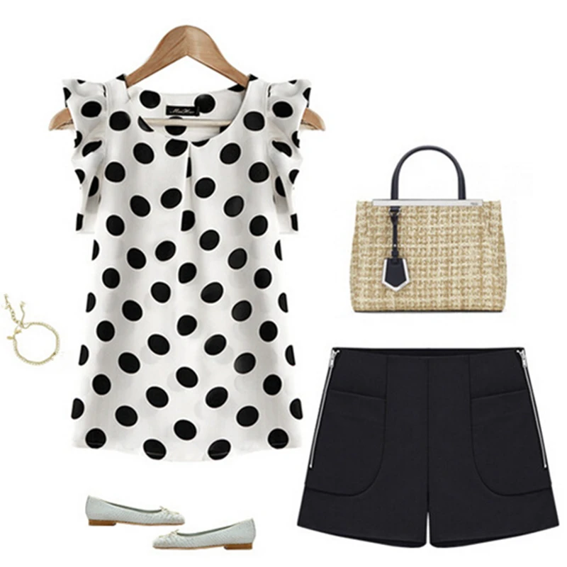 2020 Summer Style Women Blouse Tops Polka Dot Ruffled Pleated Chiffon Short-sleeve Shirt Female Plus Size Chiffon Blusa Feminina