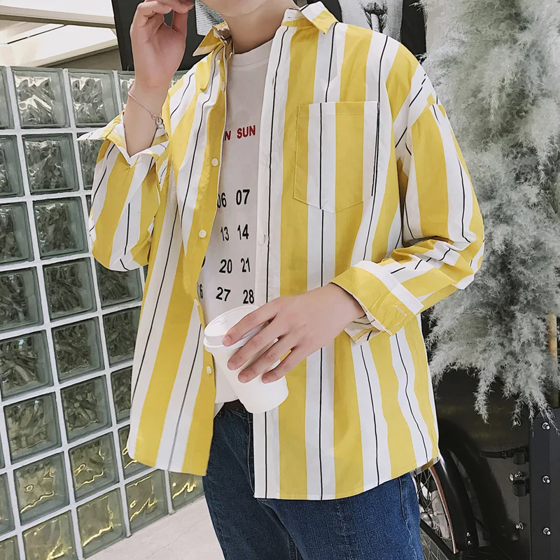 2018 Spring New Men's Korean Style Coat Brand Fashion Stripe Clothes Loose Casual Long Sleeve Slim Fit French Cuff Shirts M-XL