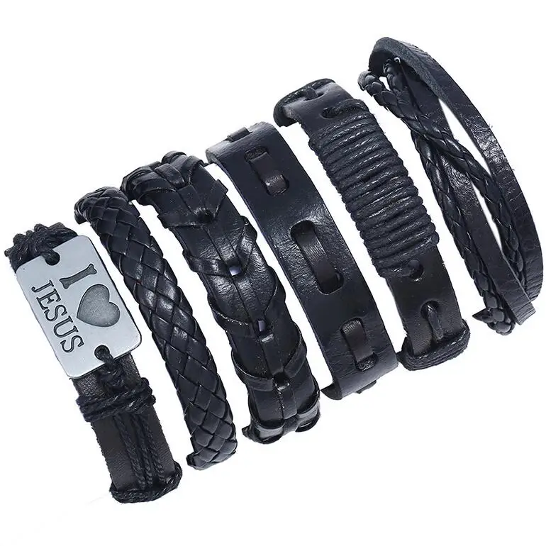 

Fashion Punk Ethnic Black Multilayer Leather Bracelet Love Jesus Charm Braided Weave Bangle Wristbands Vintage Men Women Jewelry