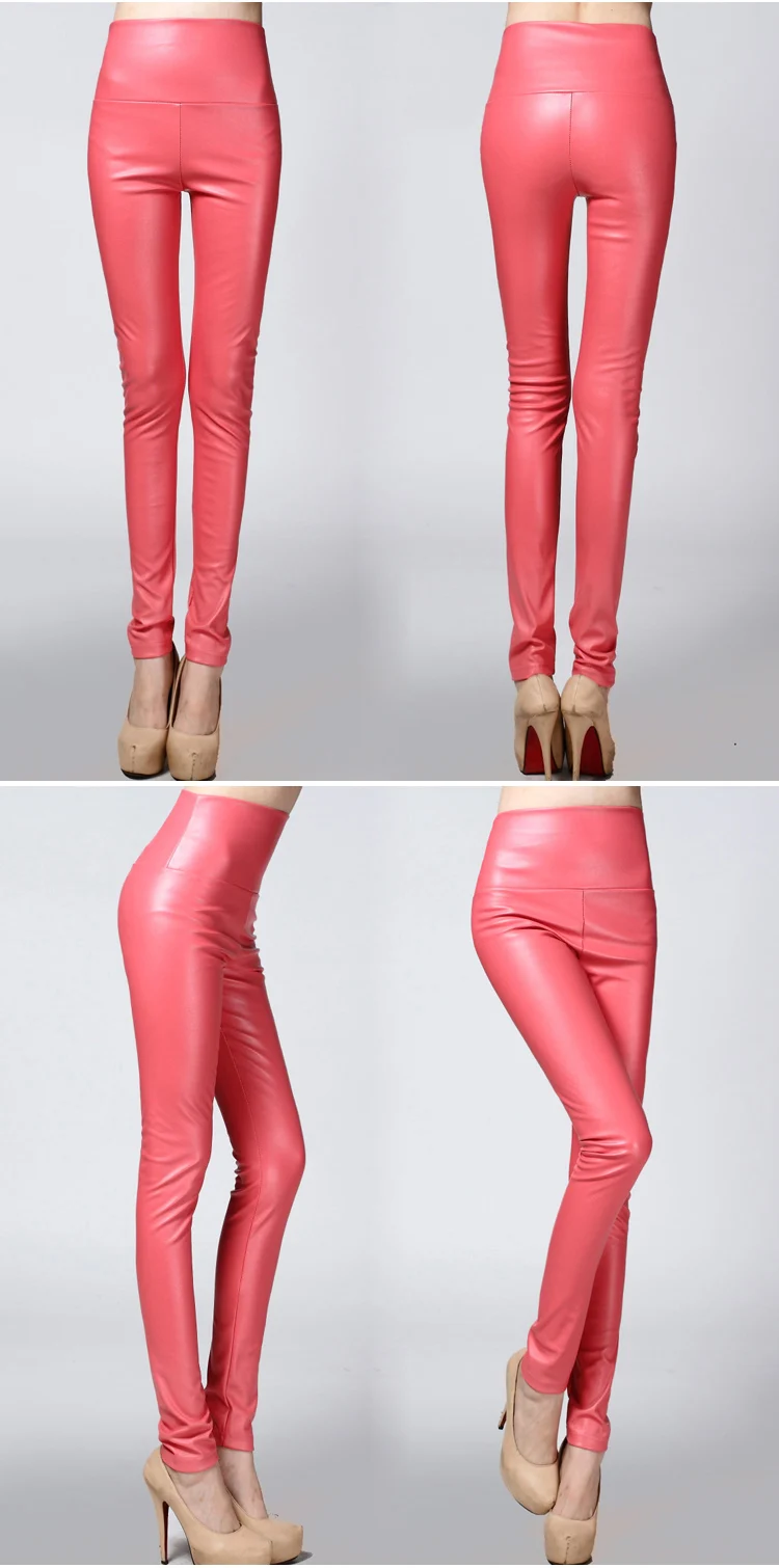 Autumn and winter large size with fleece PU color imitation leather leggings high waist tight leather trousers for women slim (29)