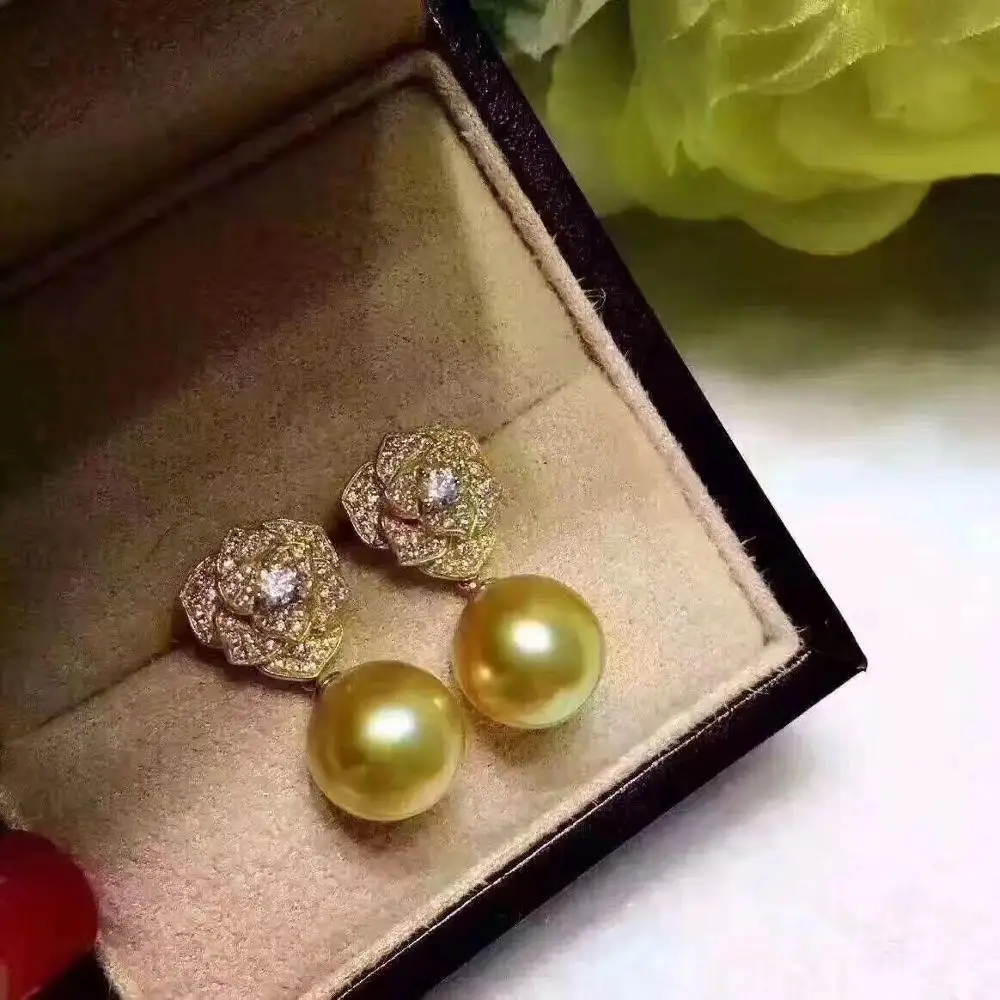 

gorgeousAAA 10.5-11mm south sea round gold pearl earring YELLOW GOLD