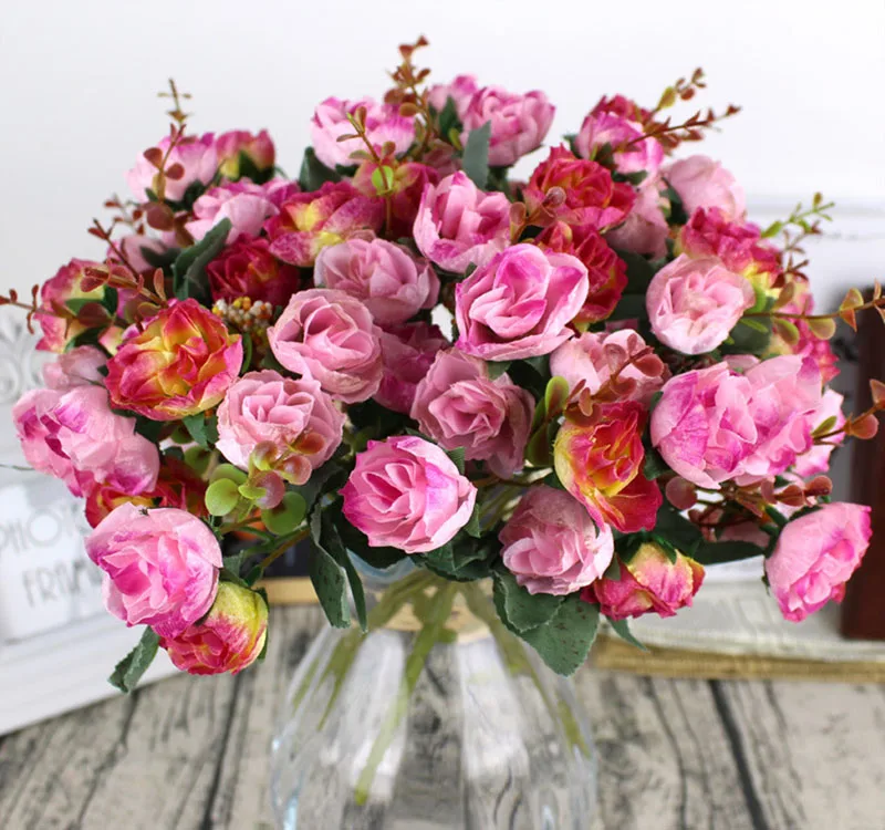 Flone Artificial Silk Rose Bouquet Fake Flowers Home Wedding Display Flower European Rose Small Bouquet Party Decoration (11)