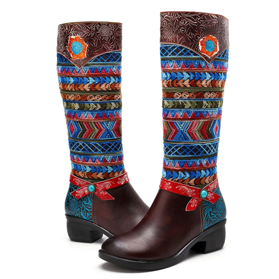 Women Cow Leather Boot Shoes 2019 Spring Autumn Ladies Mid-Calf 4cm Heels Shoes Fashion Bohemia Genuine Leather Boots Large Size (5)