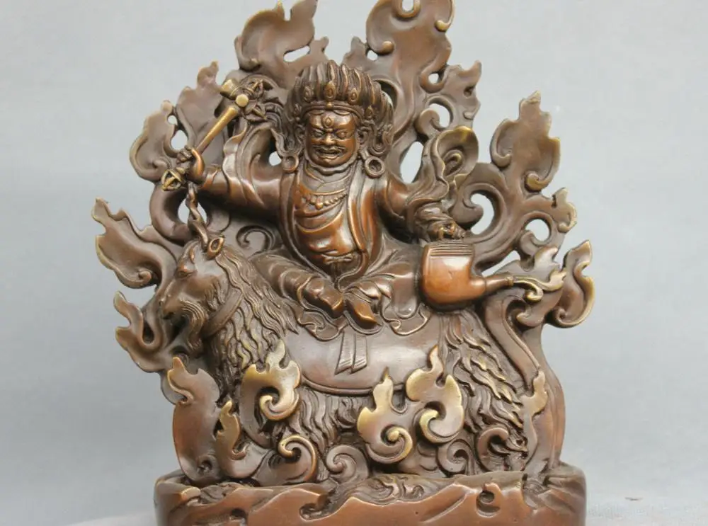 

9'' China Tibet Bronze Guardian Protector Buddha Ride Fire Goat Statue Figurine