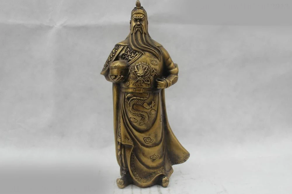 

14"China Folk Pure Bronze Money drawing Stand Dragon Guan Gong Statue