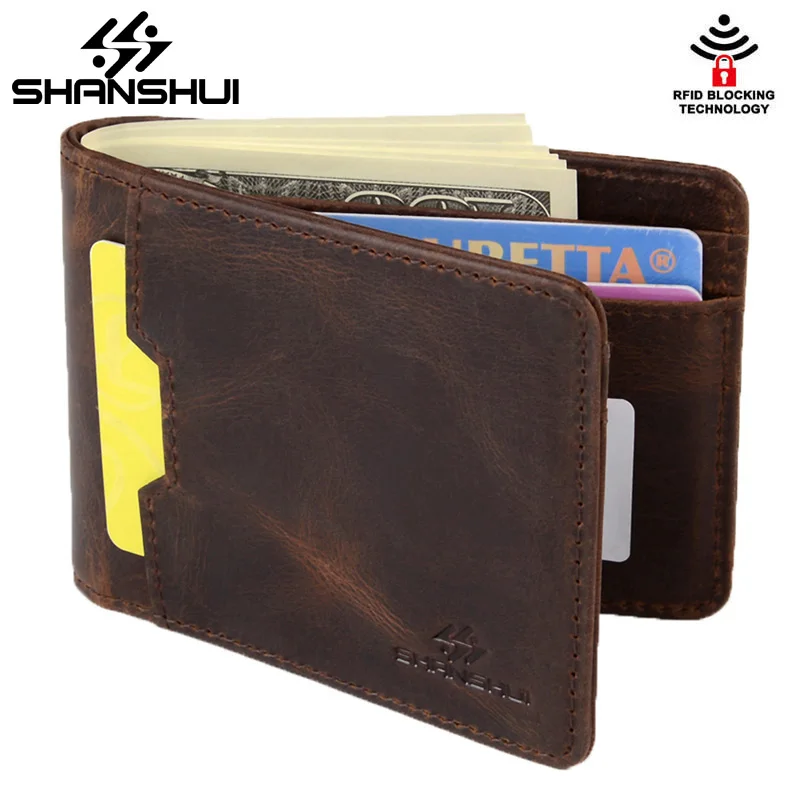 

SHANSHUI Genuine Leather Bifold Men Wallets US Dollars With Credit Card Holder High Quality RFID Solid Male Small Purse Wallet