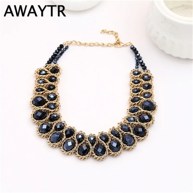 AWAYTR Vintage Necklace Collar Gold Chain Big Double Crystal Bead Choker Necklace Trendy Women Pendant Statement Necklaces Gift