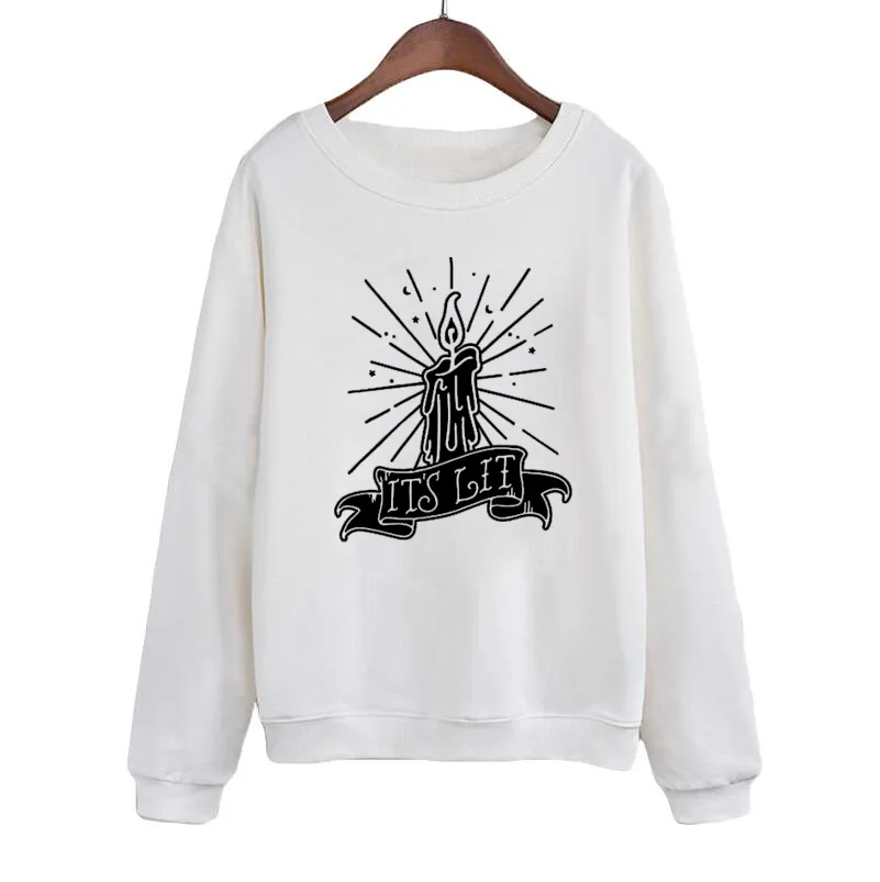 

Flame Candle Hocus Pocus Pullover Witch Black Magic Hoodies It's Lit Crewneck Sweatshirt Women Black