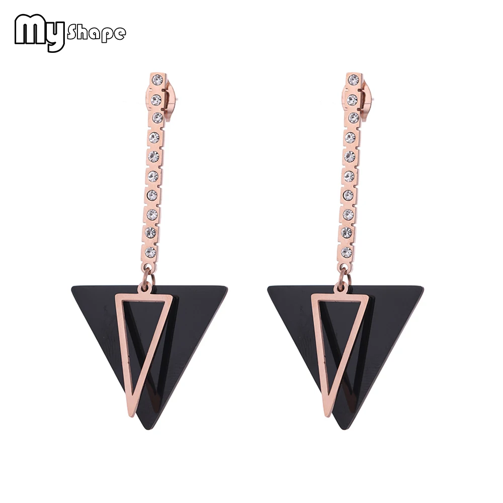 

My Shape Crystal Double Triangle Drop Earrings Stainless Steel Black Gold Hollow Earrings Women Metal Jewelry Brinco Vintage New