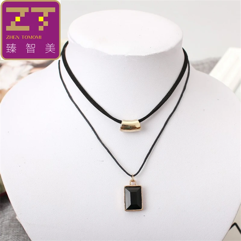 

Hot Fashion Bijoux Pure Black Velvet Leather Square Crystal Maxi Statement Multilayer Chokers Necklace For Women Jewelry 2019