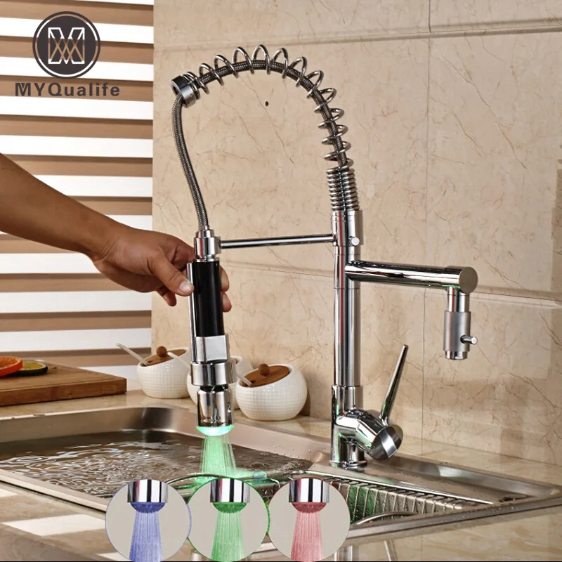 Factory Direct Sale LED Light Kitchen Faucet Single Lever Deck Mounted Spring Mixer Tap with 2