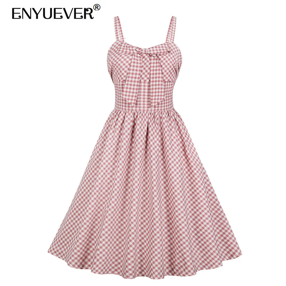 

Enyuever Pink Plaid Dress Women Bow Pinup Spaghetti Strap Vestido Casual Party Robe Vintage 50s Rockabilly Dress Summer Sundress
