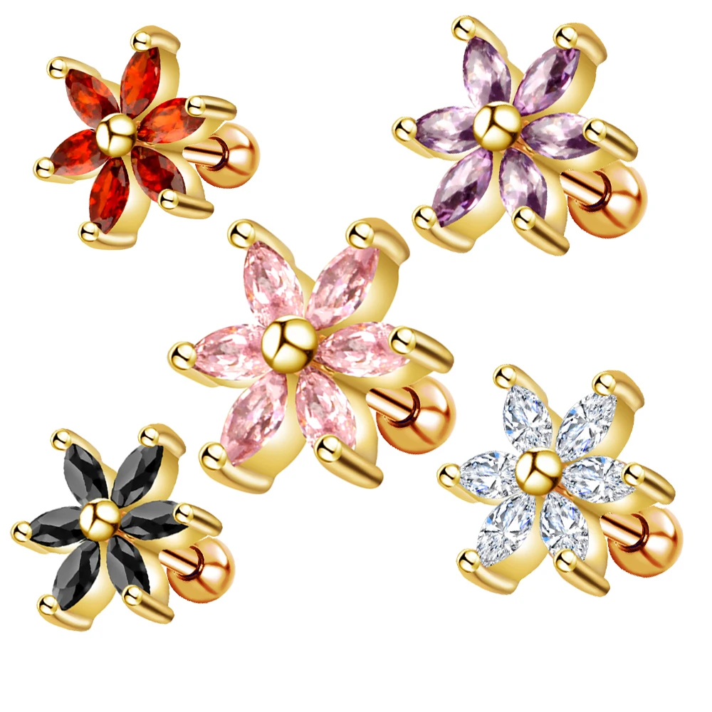 JUNLOWPY 16G Stainless Steel Ear Stud Silver Gold Barbell Star Zircon Tragus Earring Cartilage Helix Piercings Body Jewelry