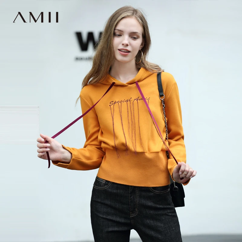 Female Chic Amii Women Sweatshirts yellow Casual 2019 Pullovers black Green Embroidered Autumn Beige Hoodies Sweatshirt dark Letter Tassels 44zXwq