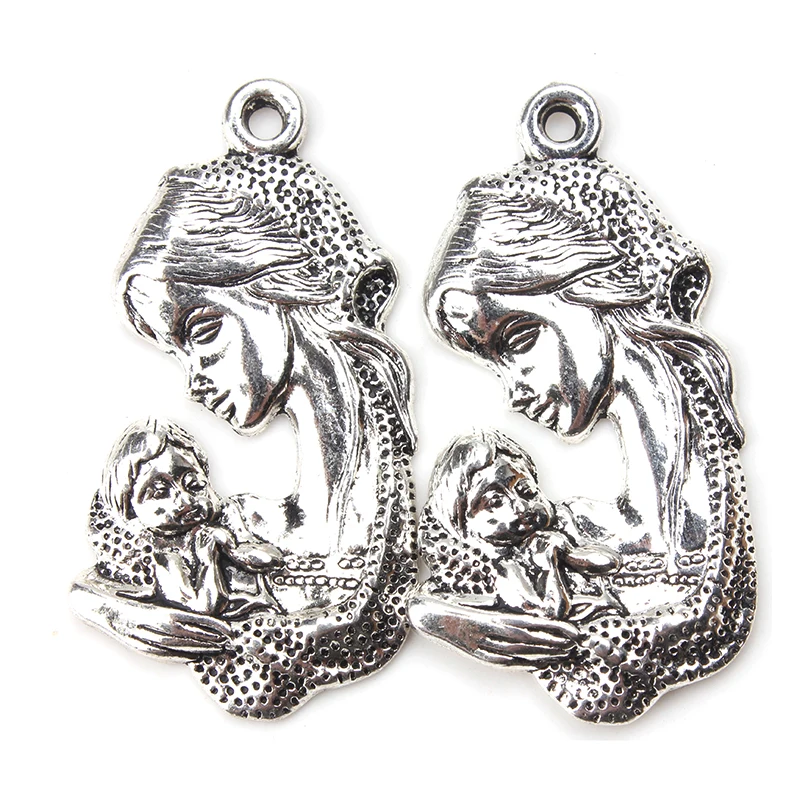 5-pcs-lot-39-21mm-M-re-et-Enfant-Charmes-Antique-Ton-Argent-pour-le-bricolage