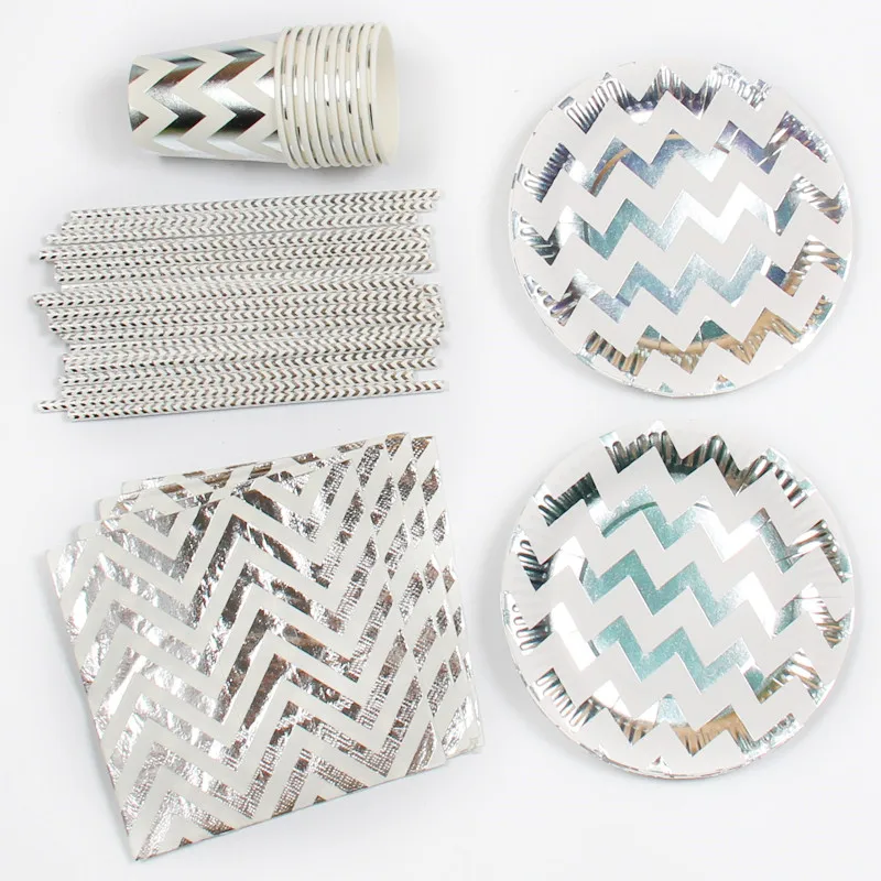 

85pcs Silver Foil Wave Disposable Tableware Sets Paper Plates Cups Napkins Baby Shower Favor Drinking Straws Wedding Party Decor